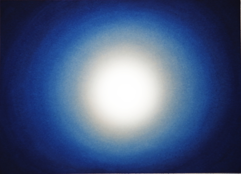 Abstract painting by Nicolas Mauran, with a central white and blue light emerging from darker colours